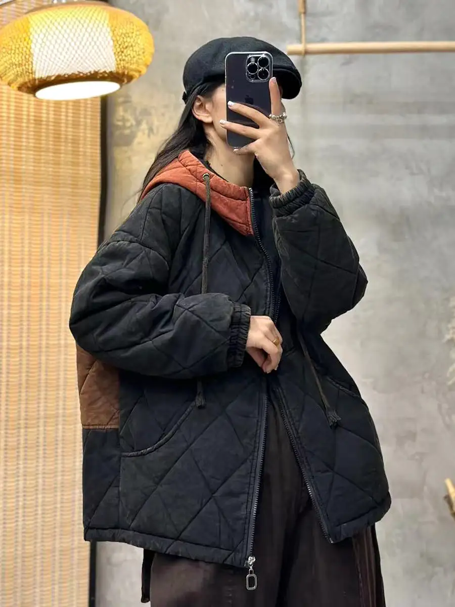 Women Winter Rhomboids Colorblock Cotton Hooded Coat