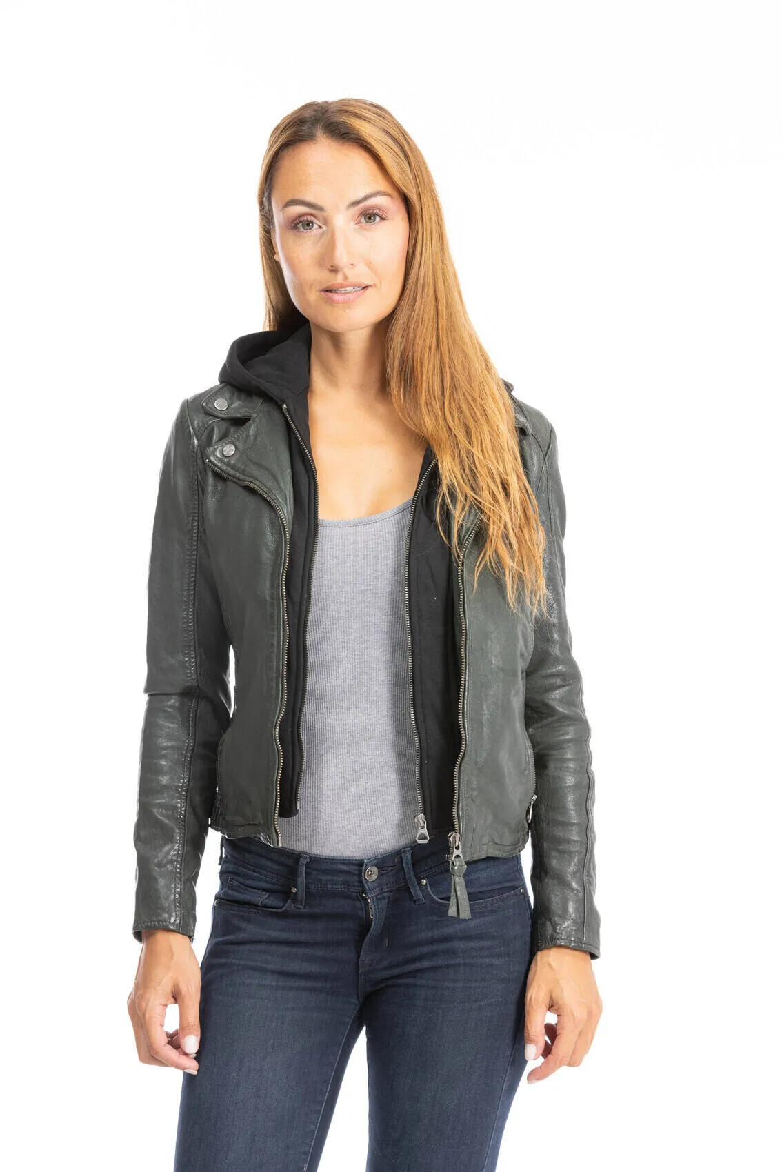 Women's dark olive leather biker style jacket with hood 1101-0483