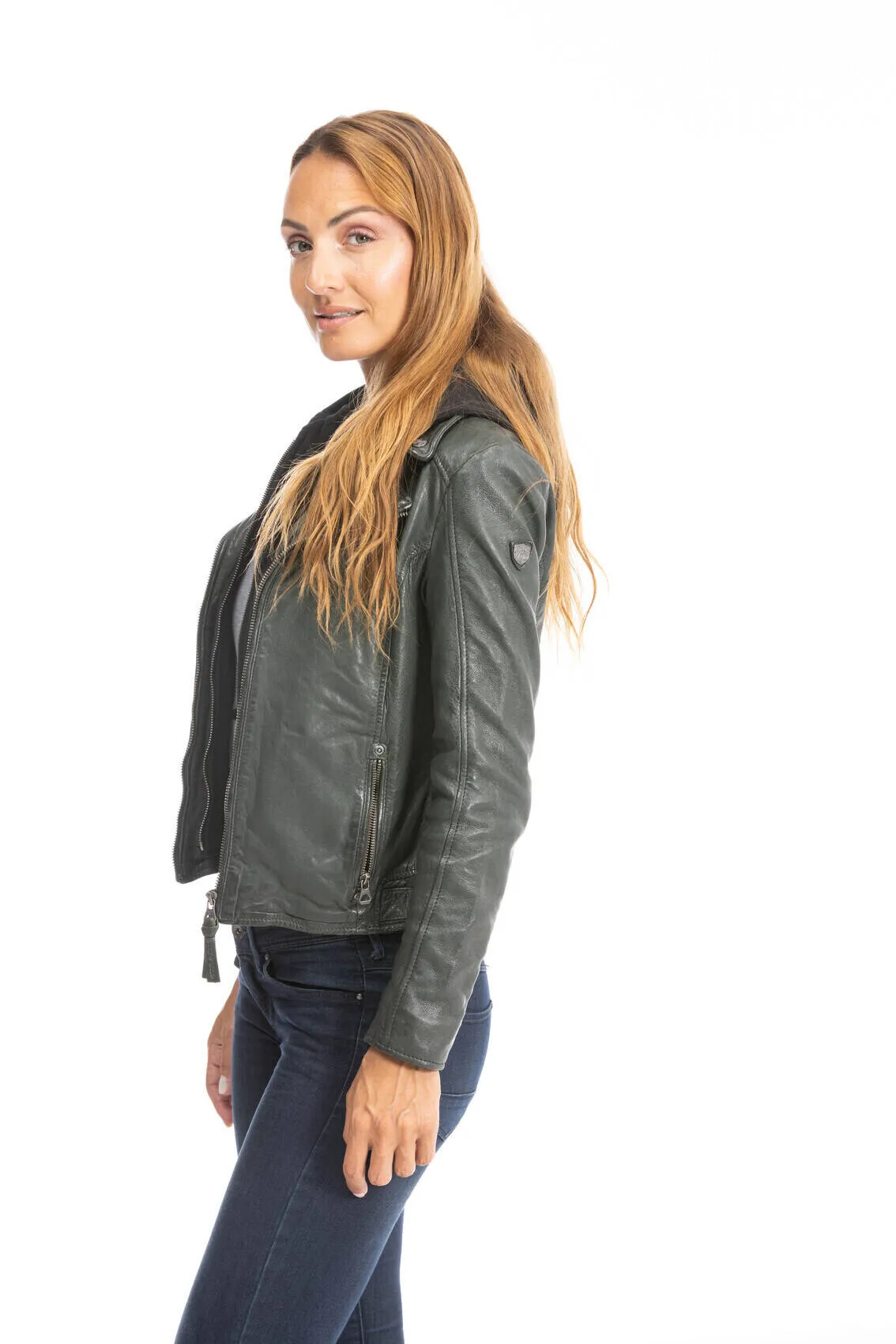 Women's dark olive leather biker style jacket with hood 1101-0483