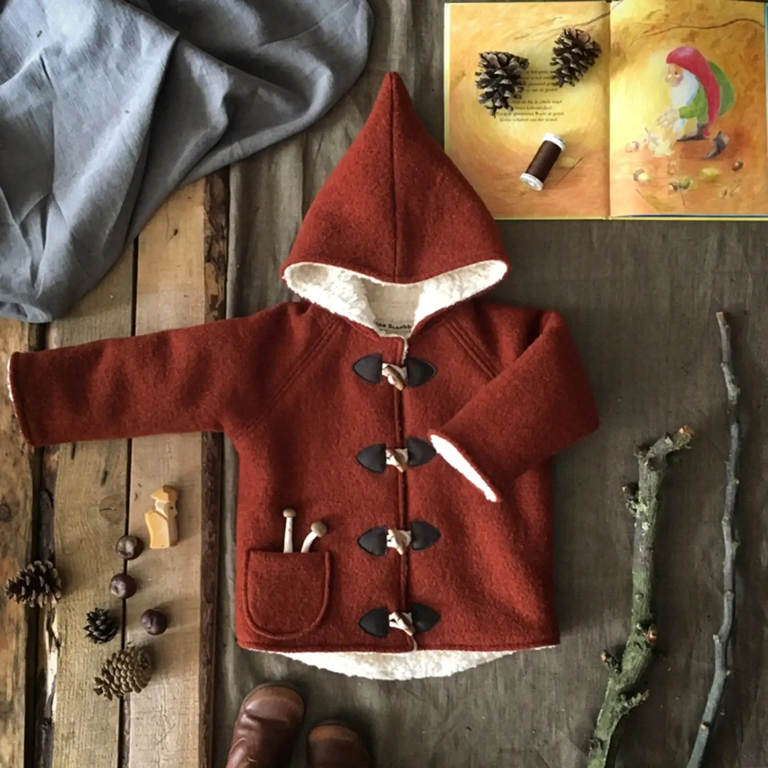 Wool/Cotton Sherpa Pixie Hooded Coat - Terracotta